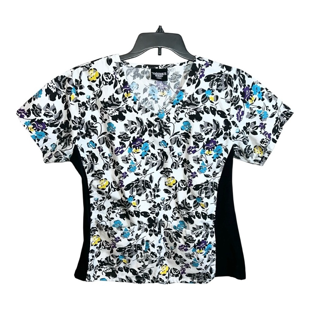 Ecko Unlimited Scrubs Shirt Top Women’s Size Large White Black Floral